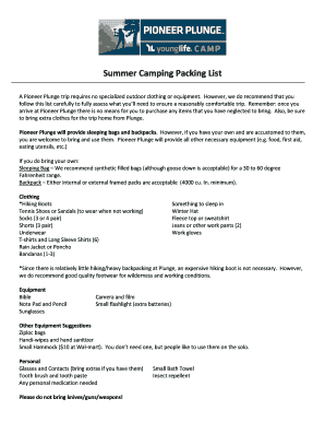 Fillable Online Pioneerplunge Younglife Summer Camping Packing List Fax Email Print Pdffiller