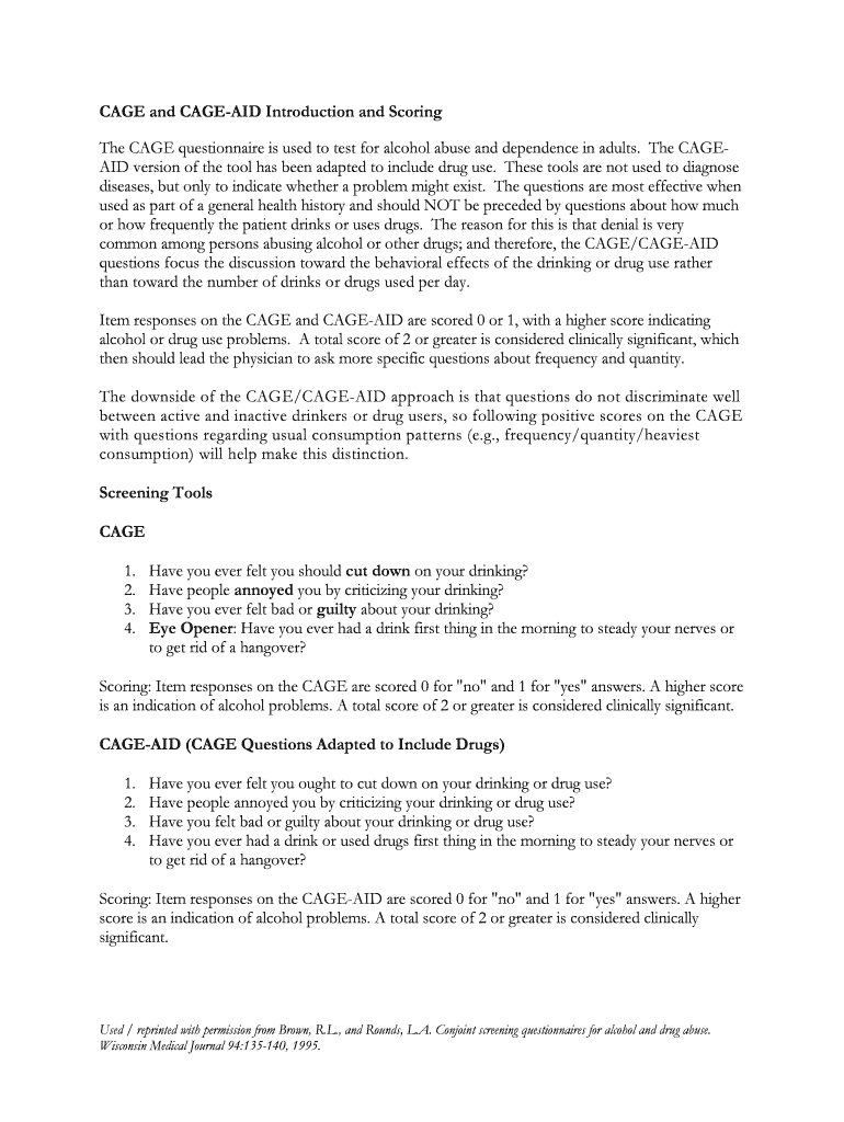 Fillable Online CAGE and CAGE-AID Introduction and Scoring Fax Email ...