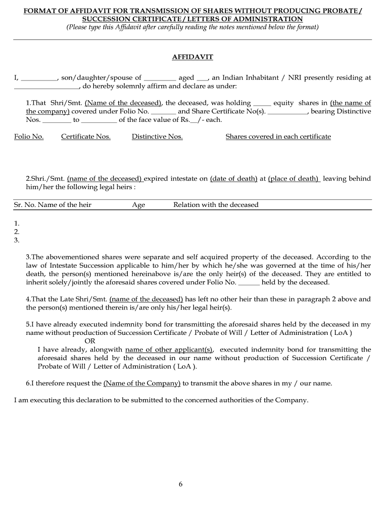 Fillable Online FORMAT OF AFFIDAVIT FOR TRANSMISSION OF SHARES WITHOUT ...