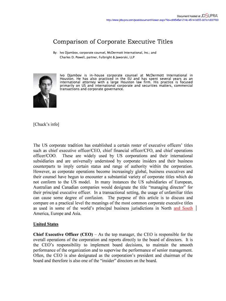 Fillable Online Comparison of Corporate Executive Titles Fax Email