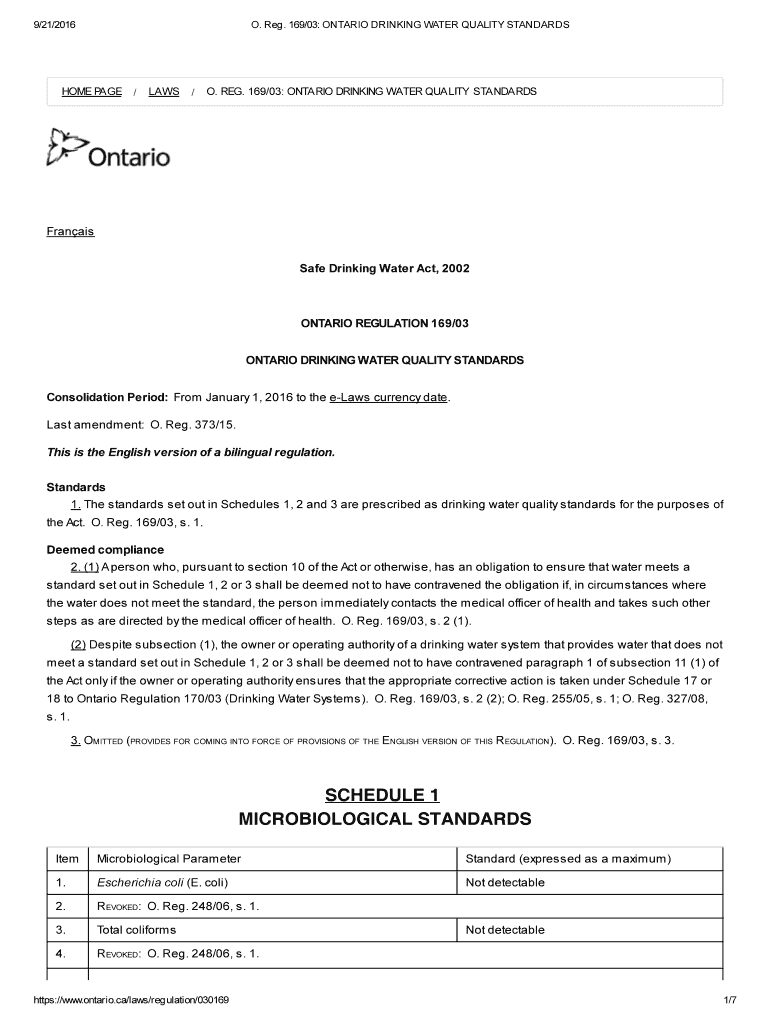 Fillable Online 169/03 ONTARIO DRINKING WATER QUALITY STANDARDS Fax