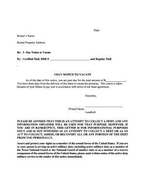 Fillable Online Re: 3 Day Notice to Vacate Fax Email Print - pdfFiller