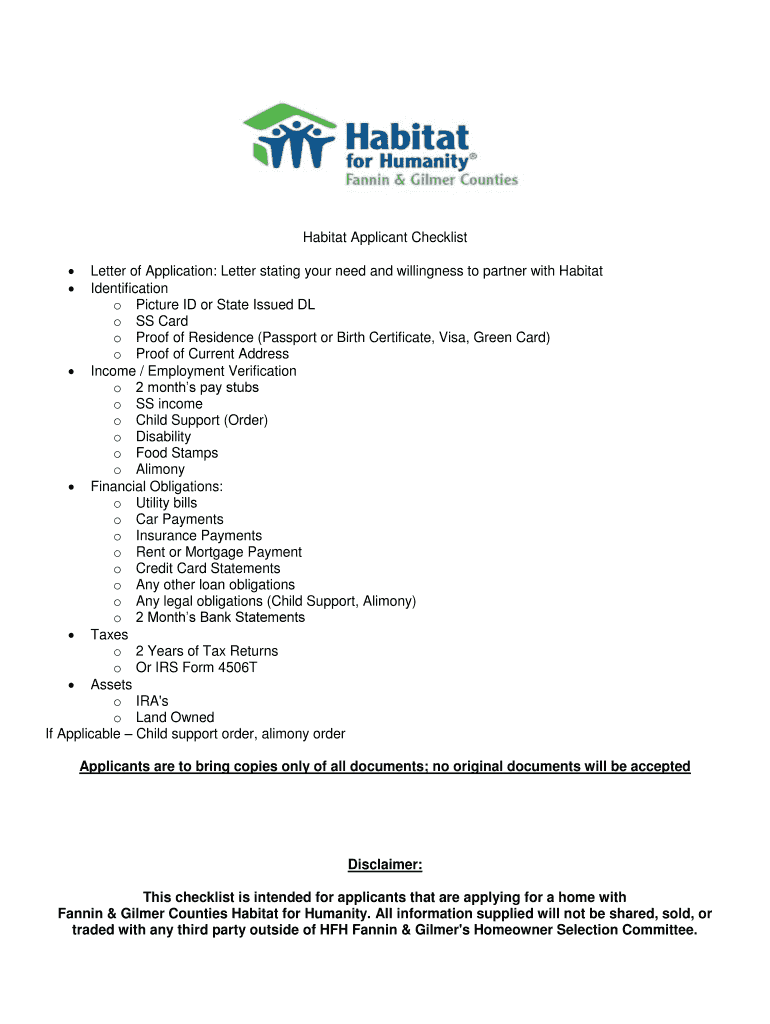 Fillable Online Habitat Applicant Checklist Fax Email Print pdfFiller