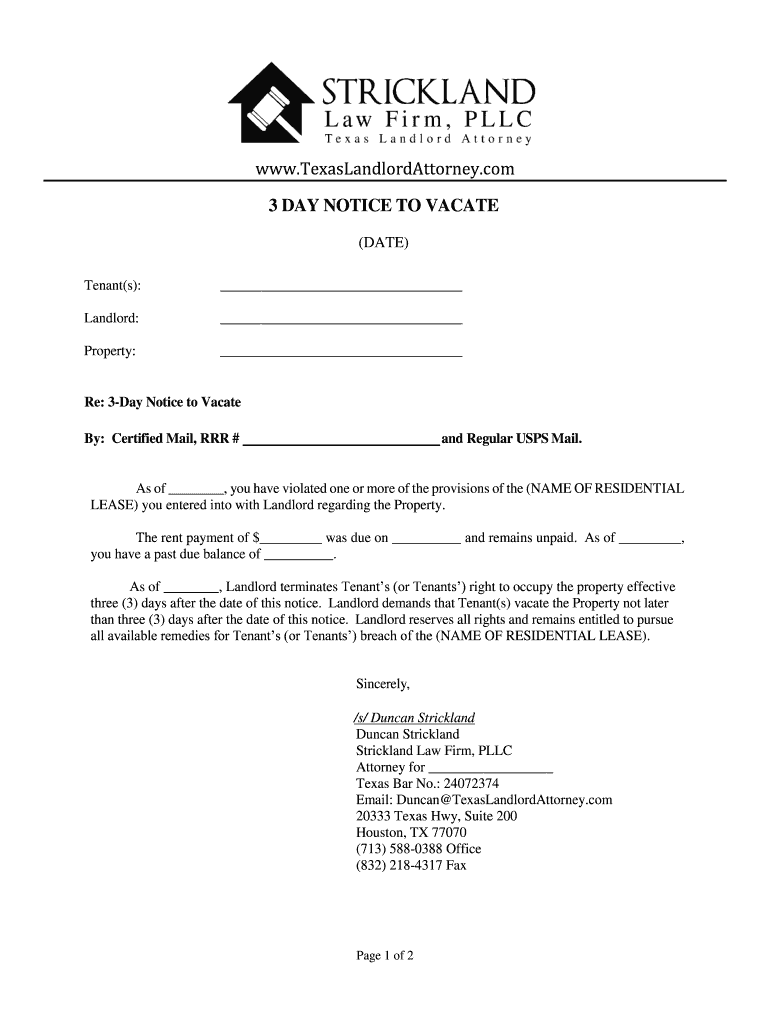 Fillable Online Re: 3-Day Notice to Vacate Fax Email Print - pdfFiller