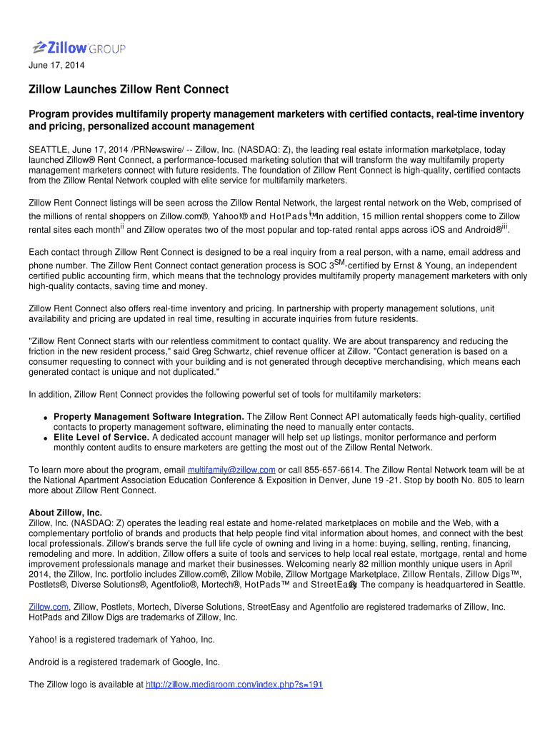 Fillable Online Zillow Launches Zillow Rent Connect Fax Email Print