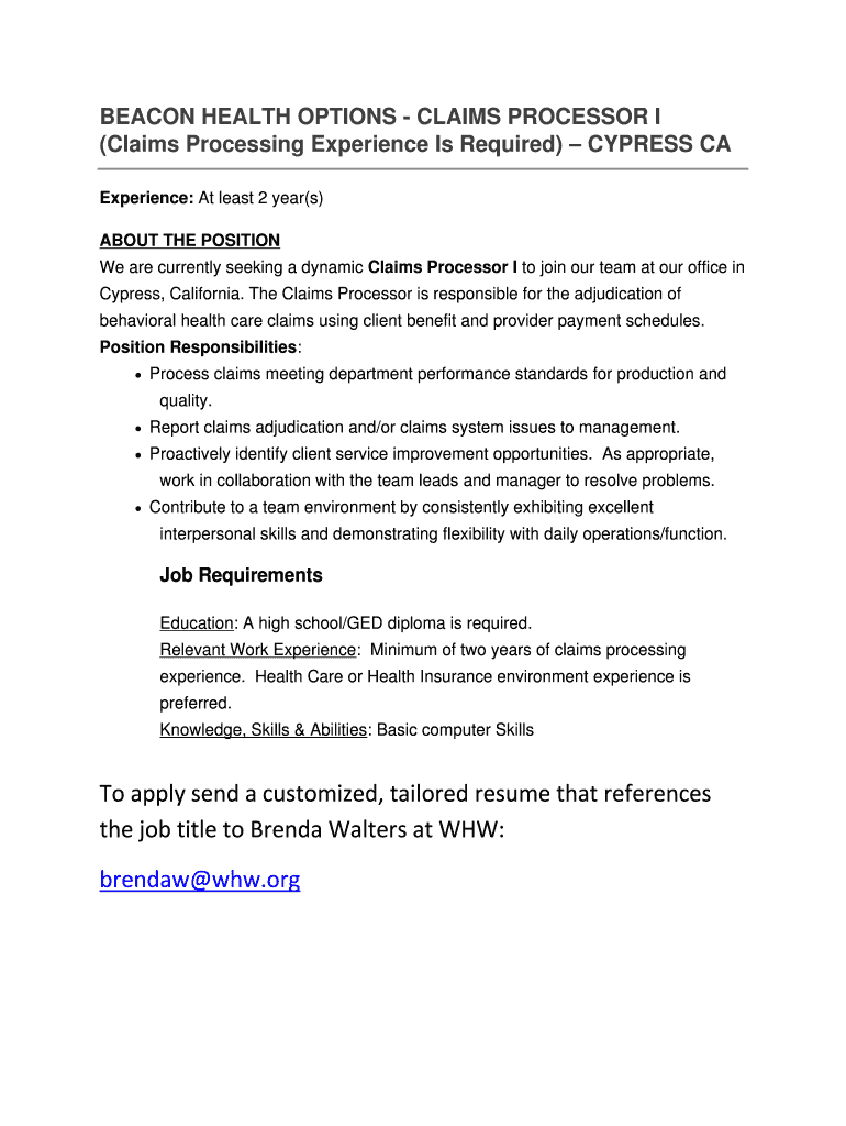 Fillable Online BEACON HEALTH OPTIONS CLAIMS PROCESSOR I Fax Email