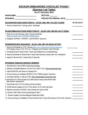 SOCKOR ONBOARDING CHECKLIST PHASE I