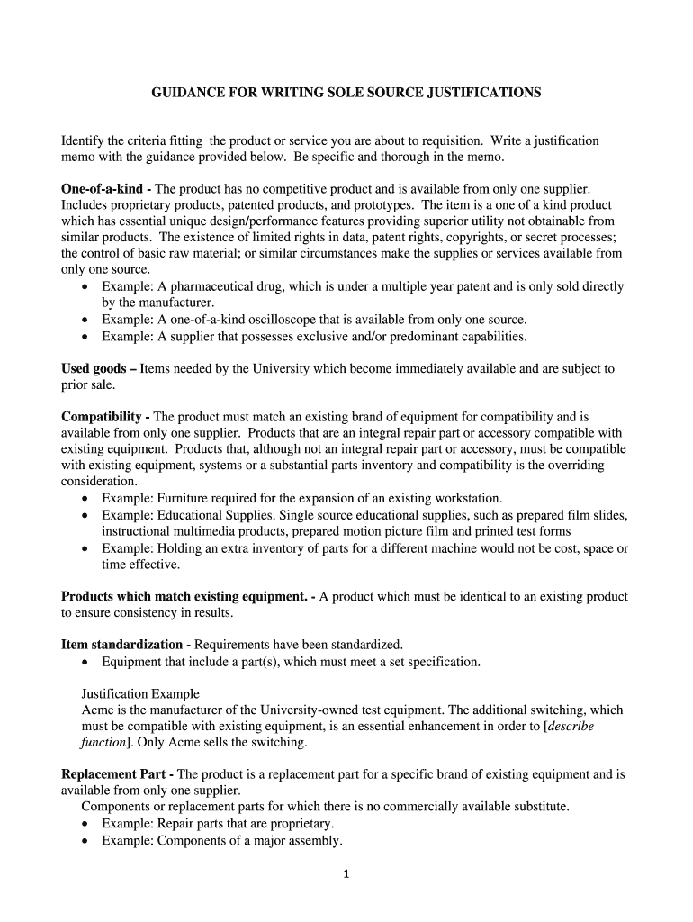 Fillable Online GUIDANCE FOR WRITING SOLE SOURCE JUSTIFICATIONS Fax