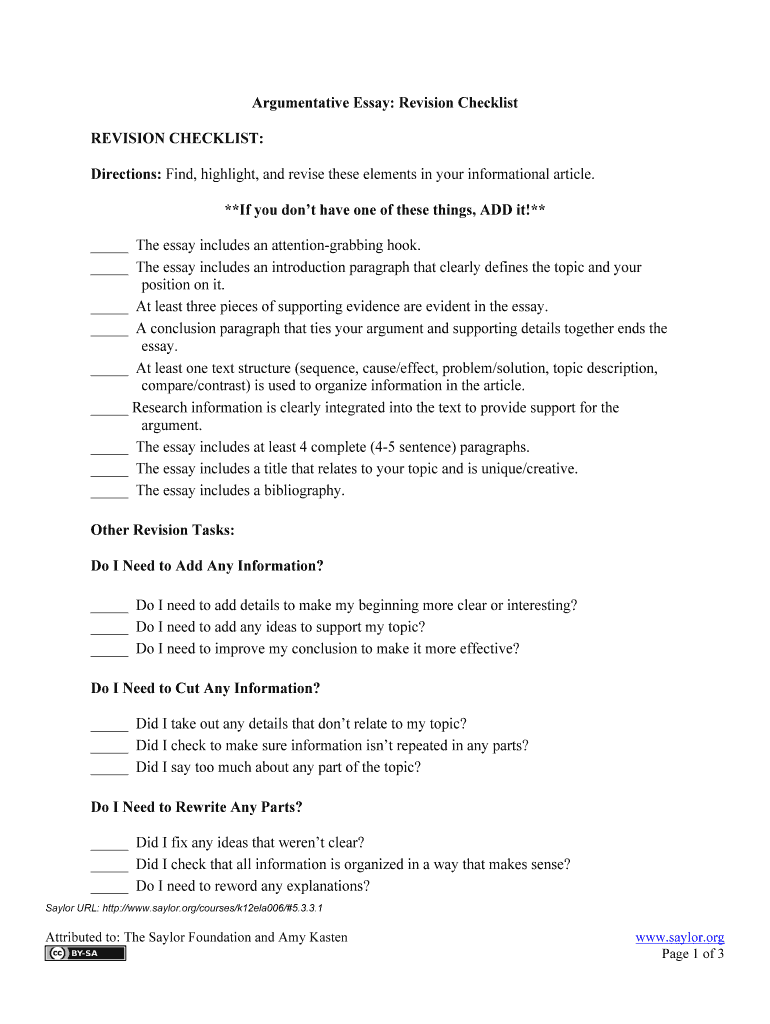 argumentative essay revision checklist