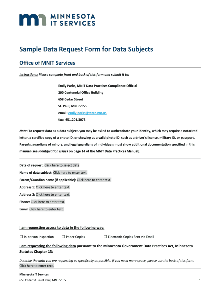 Fillable Online Sample Data Request Form for Data Subjects Fax Email ...