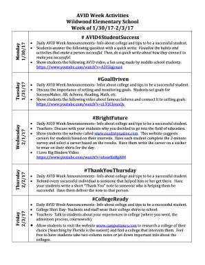Fillable Online Daily AVID Week Announcements- Info about college and ...