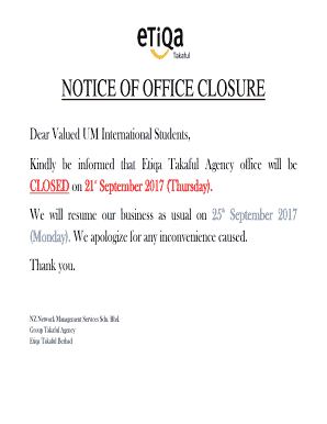 Fillable Online NOTICE OF OFFICE CLOSURE Fax Email Print - pdfFiller