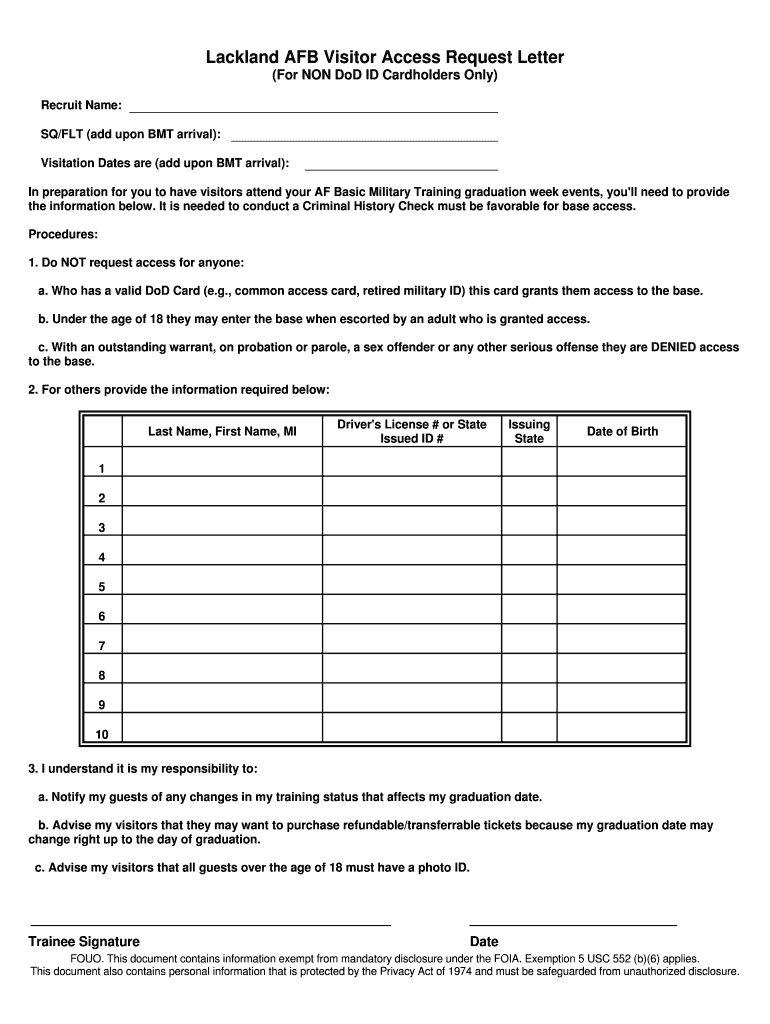 Fillable Online Lackland AFB Visitor Access Request Letter Fax Email