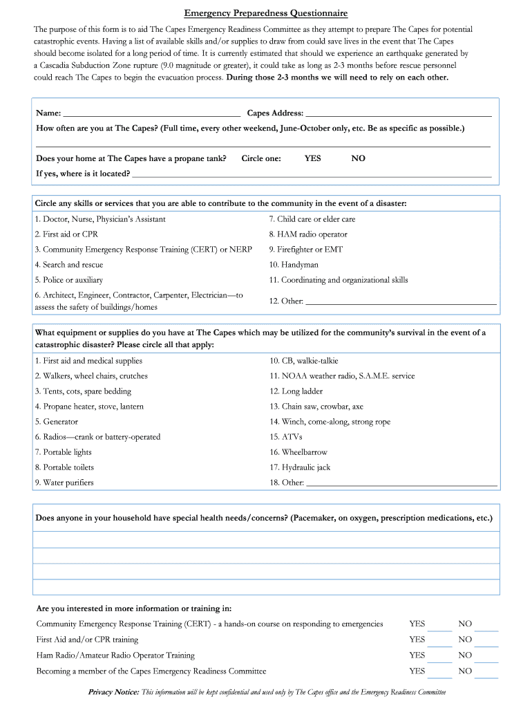 Fillable Online Emergency Preparedness Questionnaire Fax Email Print