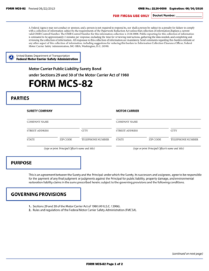 Motor Carrier Public Liability Surety Bond Form MCS-82