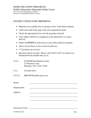 New York State Immunization Program Public Education Materials Order Form