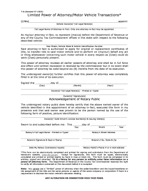 Limited Power of Attorney for Motor Vehicle Transactions