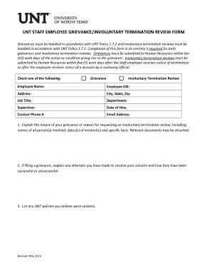 Unt staff employee grievance/involuntary termination review form - hr unt