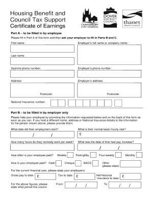 Housing Benefit and Council Tax Support Certificate of Earnings