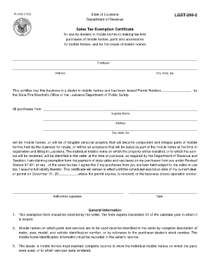 Louisiana Mobile Home Sales Tax Exemption Certificate
