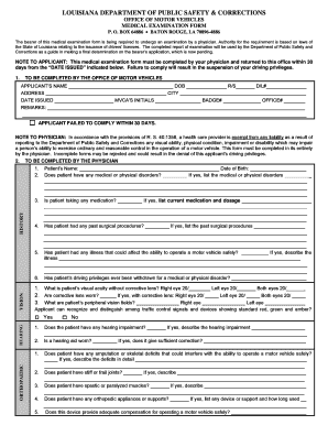 Louisiana Medical Examination Form for Driver's License