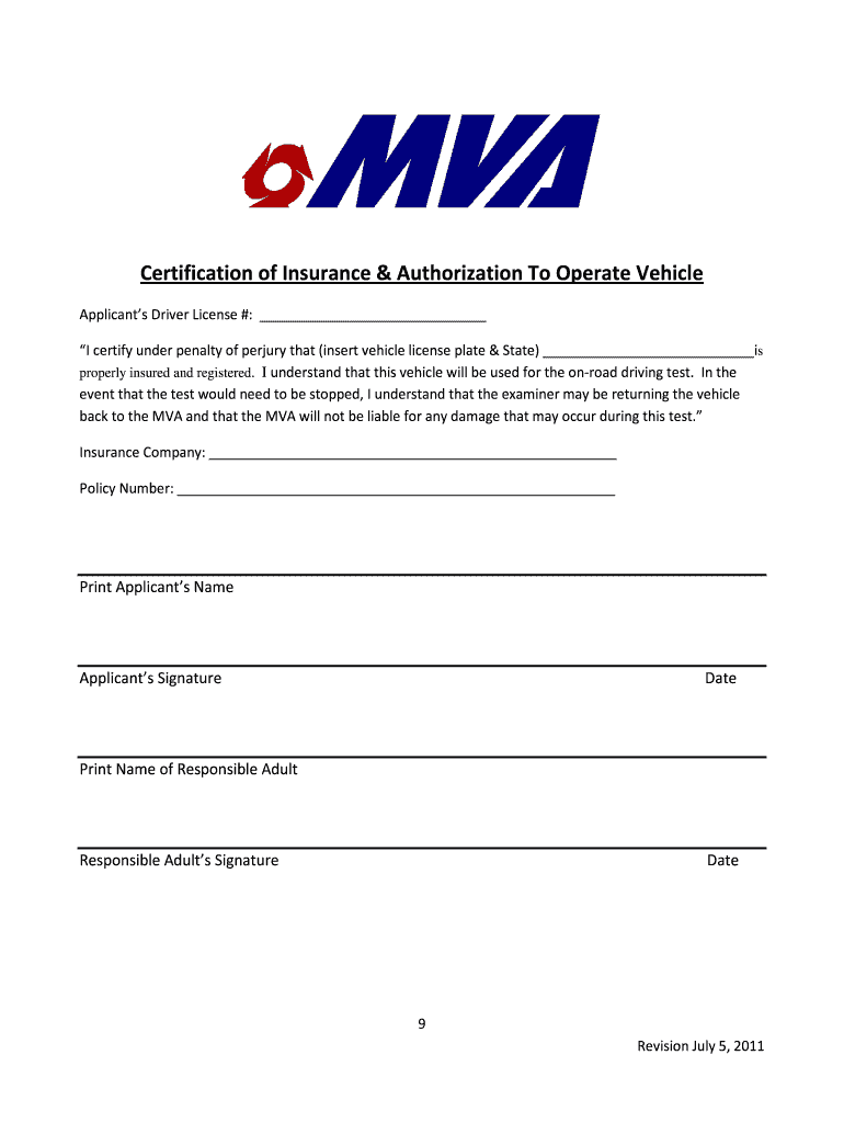 mva certificate of insurance Preview on Page 1.