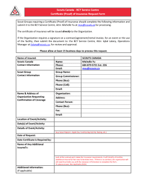 Scouts Canada Certificate of Insurance Request Form