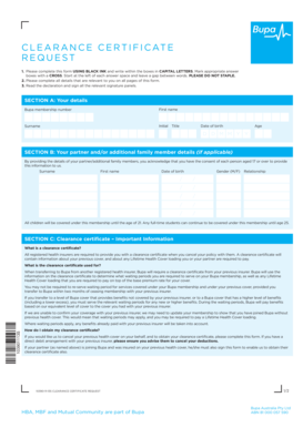 Bupa Clearance Certificate Request