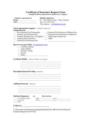 Certificate of Insurance Request Form