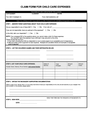 Claim Form for Child Care Expenses