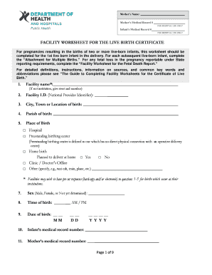 Facility Worksheet for Live Birth Certificate