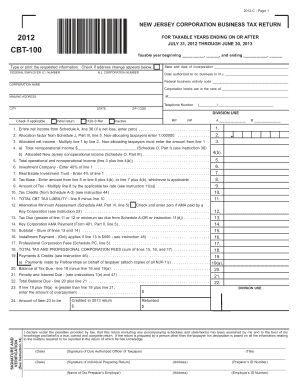 New Jersey Corporation Business Tax Return