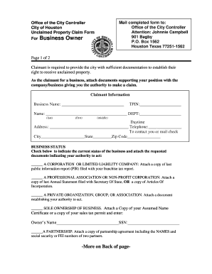 City of Houston Unclaimed Property Claim Form