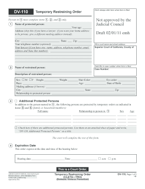 California Temporary Restraining Order DV-110