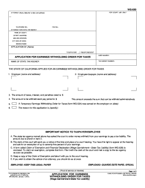 California Application for Earnings Withholding Order for Taxes