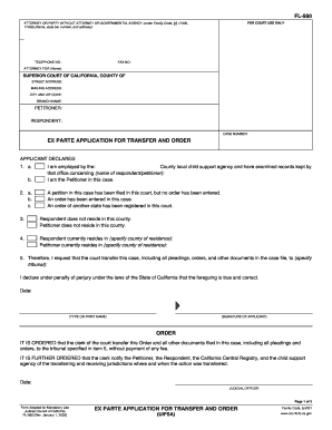 California Ex Parte Application for Transfer and Order