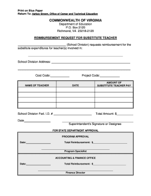 Reimbursement Request for Substitute Teacher