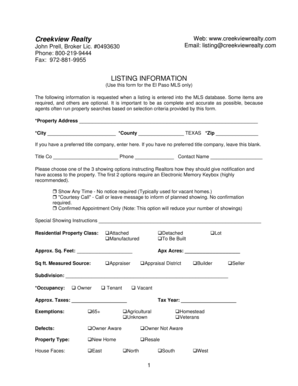 El Paso MLS Listing Information Form