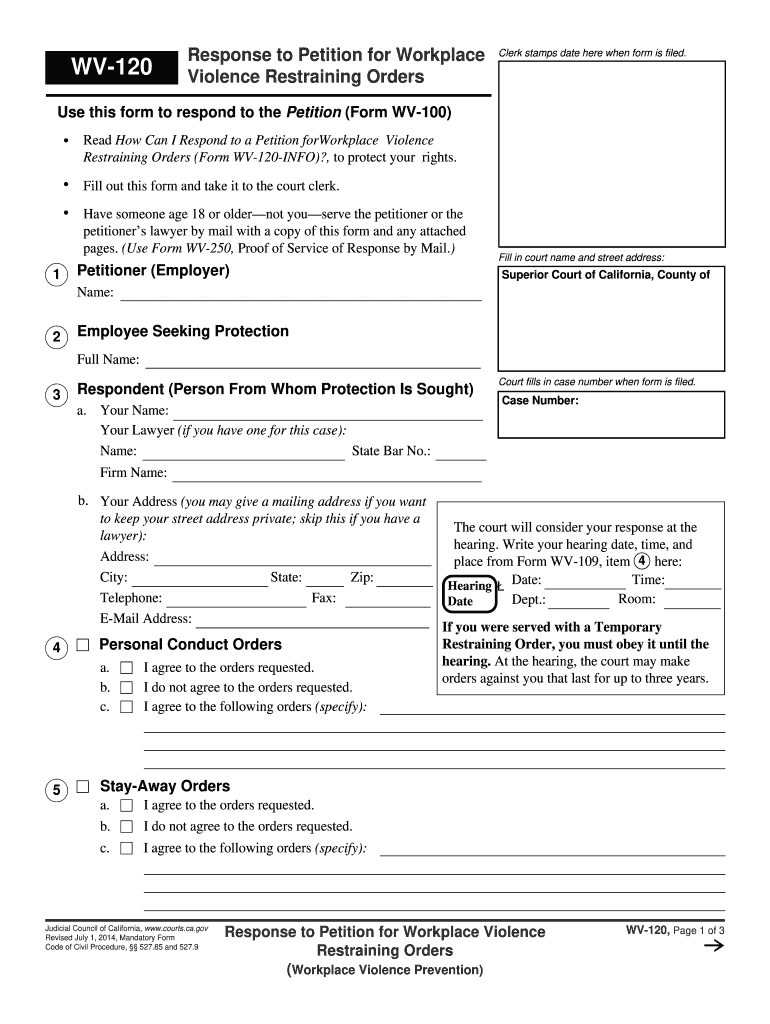 WV-120 Response to Petition for Workplace Violence Restraining - courts ca Preview on Page 1