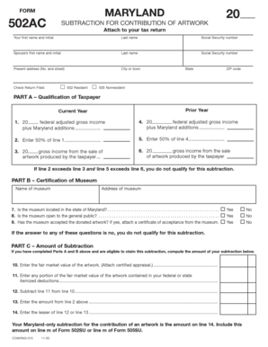 Maryland Form 502AC Subtraction for Artwork Contribution