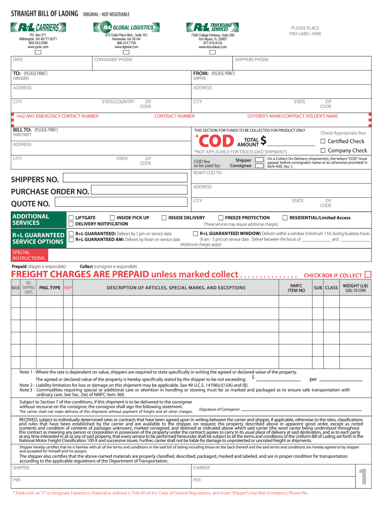 R Carriers Lading Fill Online Printable Fillable Blank PdfFiller
