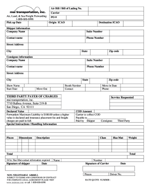 Air Bill of Lading Form