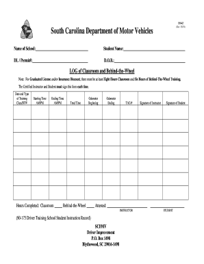 South Carolina Driver Training School Student Instruction Record