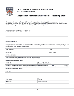 Fillable Online Teaching Staff Application Form - Cheltenham Bournside ...