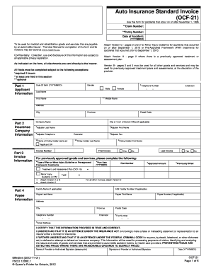 Auto Insurance Standard Invoice OCF-21 Effective (2012-11-01). form number 1208E.1