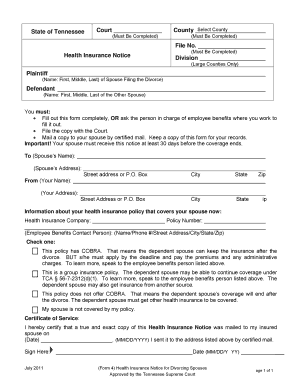 Tennessee Health Insurance Notice for Divorcing Spouses
