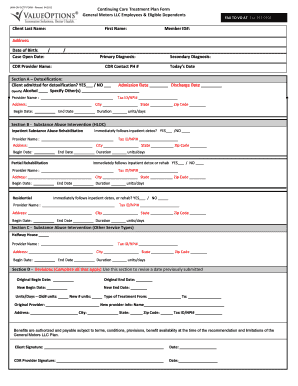 UAW-GM Continuing Care Treatment Plan Form