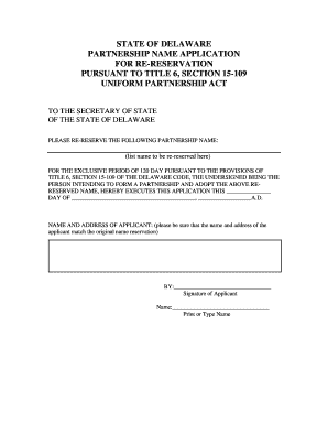 Delaware Partnership Name Re-Reservation Application