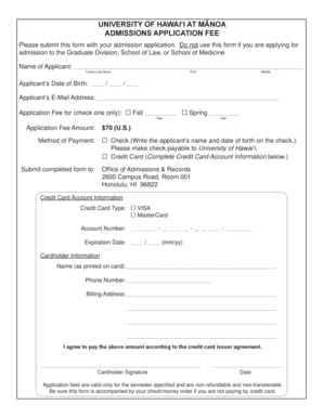 University of Hawaii Admissions Application Fee Form
