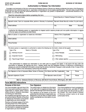 Delaware Form 8821DE Tax Information Release Authorization